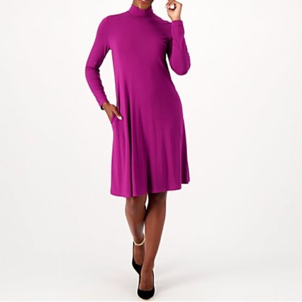 NEW Susan Graver Plum Purple Dress Cool Touch Mock Neck Swing Dress XXS - Picture 1 of 12